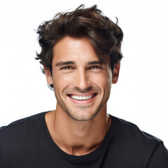 Obraz premium casual man with dark hair smiling at the camera, white background, happy, dental, handsome