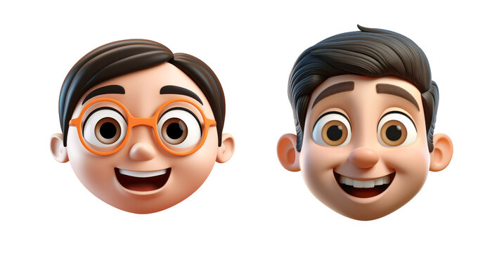 Cartoon 3d style kids heads. Isolated background. Transparent PNG