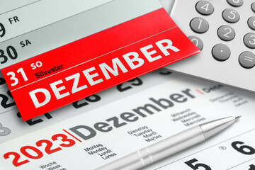 Deutscher Kalender Datum Silvester 31. Dezember 2023 mit Rechner