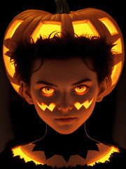 a guy with glowing orange eyes and a pumpkin in the background.