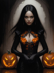 beautiful serious brunette of Slavic appearance in a black dress with flowing hair. Halloween look. Halloween pumpkins.