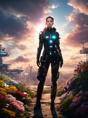 A woman in a futuristic suit stands near an abundance of flowers. City of the future and sky covered with clouds in the background