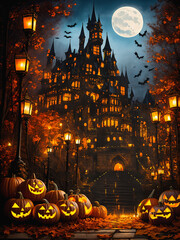 moon over a Halloween castle surrounded by bats.
