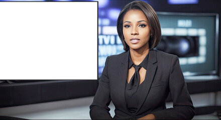 Beginning Evening News TV Program: Presenter Reporting on Business, Economy, Science, Politics. Television Cable Channel Anchorman african american young woman and mockup blank screen. Generative AI