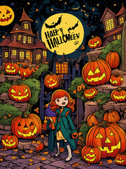 girl surrounded by Halloween pumpkins. Halloween card with inscription Happy Halloween..