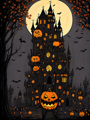 moon over a Halloween castle surrounded by bats.