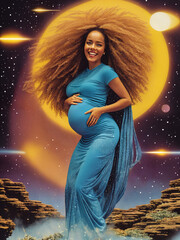 black pregnant woman with big fluffy hair with a yellow planet and space on a background. joyful pregnant woman.