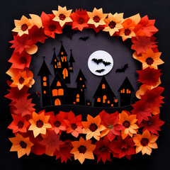 halloween paper composition with pumpkins, bats, house and flowers
