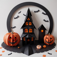 halloween paper composition with pumpkins, bats and house