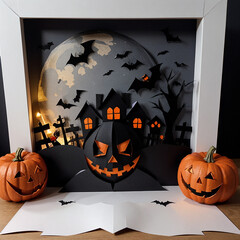 halloween pumpkin with bats. halloween paper composition with pumpkins, bats and house