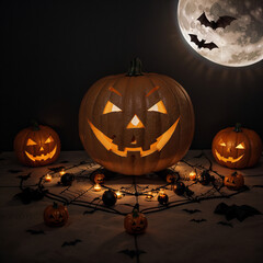 halloween composition with pumpkins, bats and moon