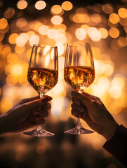 Lamas personalizadas con tu foto Dos personas sosteniendo copas de vino blanco, con un fondo dorado brillante.