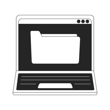 Folder on laptop screen flat monochrome isolated vector object. Storage. Editable black and white line art drawing. Simple outline spot illustration for web graphic design