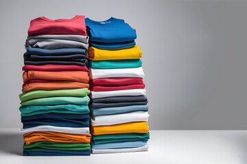 Colored multi-colored T-shirts lie in a stack. Concept of diversity in the world.