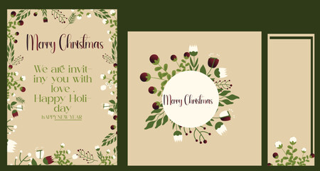 Winter Foliage Holiday cards. Universal Christmas templates with decorative Christmas Tree, reindeer, floral background and frame 