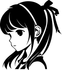Cute anime girl face silhouette. Black and white laser cutting vector template.