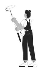 African american handywoman holding paint roller black and white 2D line cartoon character. Black female decorator isolated vector outline person. Renewal home monochromatic flat spot illustration