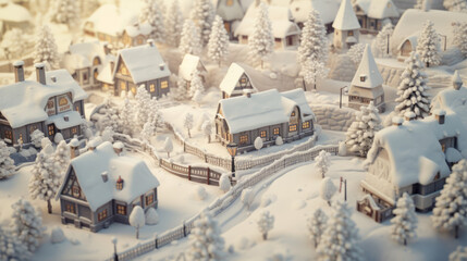 Fototapeta na wymiar Christmas winter fairy village landscape, Greetings card style snowy Christmas village scene