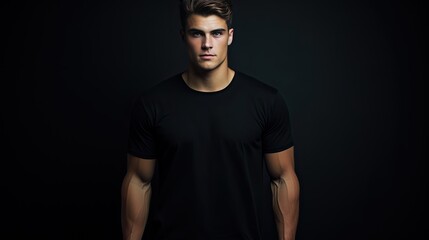 Obraz premium a hipster man model in a black t-shirt, standing against a city backdrop. ample space on the t-shirt for your custom logo or design.