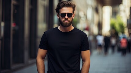a hipster man model in a black t-shirt, standing against a city backdrop. ample space on the t-shirt for your custom logo or design.