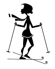 Illustration of young skier woman. 
Winter sport. Young woman skiing. Black on white background
