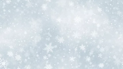Fotobehang White snowflakes on a plain white or blue background, highlighting their unique symmetrical patterns. SEAMLESS PATTERN. SEAMLESS WALLPAPER. © lililia