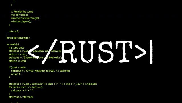 rust text and code running down a computer screen terminal.4K motion animation.
