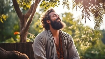 Obraz premium Bearded man meditates in the sunny park