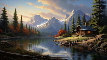A painting of a cabin by a lake - obrazy, fototapety, plakaty