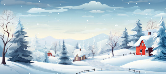 Christmas winter fairy village landscape, Greetings card style snowy Christmas village scene