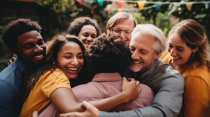 Group therapy and support. Several middle-aged men and women hug, supporting each other during psychological practice outdoor. Mental health and empathy. Empathy. - obrazy, fototapety, plakaty