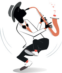 African man a saxophonist. 
Smiling saxophonist African man playing music with inspiration. Isolated on white background
