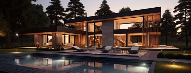 the modern house in a nighttime setting. the exterior with well placed lights illuminating the façade, while windows reveal the cozy, softly lit interior spaces. - obrazy, fototapety, plakaty