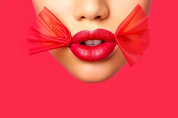 Rolgordijnen Female face lips with red lipstick framed by candy paper on pink background. Colorful banner in pop art style for sale advertisement © olindana