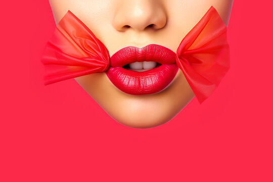 Female face lips with red lipstick framed by candy paper on pink background. Colorful banner in pop art style for sale advertisement