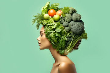 Young woman profile head covered with heap of various vegetables and leafy greens. Healthy plant based diet veganism vitamins nutrition concept - obrazy, fototapety, plakaty