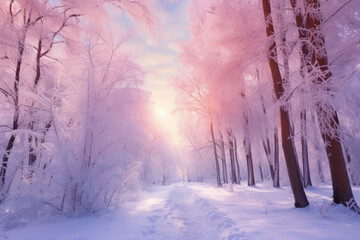 Beautiful christmas winter landscape with sunset in the snowy mountains, trees covered with snow