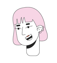 Pink haired korean kpop girl 2D linear cartoon character head. Ear piercings asian female isolated line vector person face white background. Bob haircut with bangs color flat spot illustration