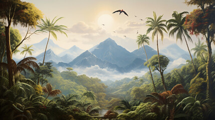 A painting of a jungle scene with mountains