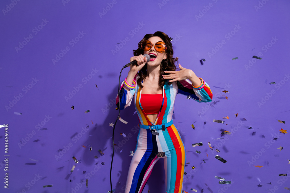 Canvas Prints Photo of sweet cute girl dressed striped overall dark eyewear singing disco songs isolated violet color background