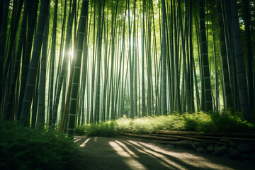 Bright Sunlight Filtering Through Bamboo forest
