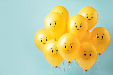 Creative banner with yellow balloons with angry unhappy faces con blue background. Social issues...