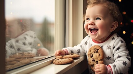 a baby in New Year's pajamas on a windowsill, capturing the pure excitement in the child's expression as they hold Christmas cookies. This should evoke the innocence and anticipation of the holiday.