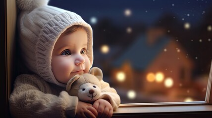 a baby in New Year's pajamas on a windowsill, capturing the pure excitement in the child's expression as they hold Christmas cookies. This should evoke the innocence and anticipation of the holiday. - Powered by Adobe