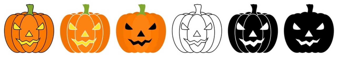 Halloween carved pumpkins set. Jack-o'-lantern illustration. Squash collection.