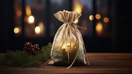 a festive burlap bag filled with fragrant fir branches, intertwined cinnamon sticks and decorated with dried orange slices. natural and eco-friendly elements in this minimalist Christmas decor.