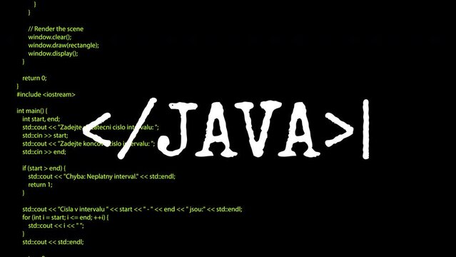 java text and code running down a computer screen terminal.4K motion animation.