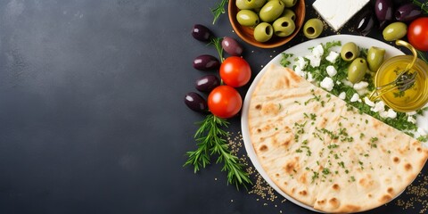 Alluring flat lay of Greek cuisine essentials, harmonizing olives, feta, and pita bread, neatly arranged, leaving generous empty space for your unique content.