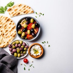 Fototapeta na wymiar Alluring flat lay of Greek cuisine essentials, harmonizing olives, feta, and pita bread, neatly arranged, leaving generous empty space for your unique content.