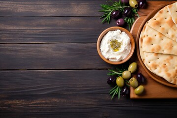 Alluring flat lay of Greek cuisine essentials, harmonizing olives, feta, and pita bread, neatly arranged, leaving generous empty space for your unique content. - obrazy, fototapety, plakaty